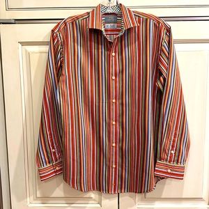 THOMAS DEAN BOYS MULTI COLORED STRIPED COTTON DRESS SHIRT WITH CONTRASTING CUFFS